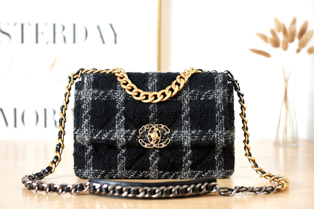 CHNL Flap Bag Black Plaid Tweed Handbag