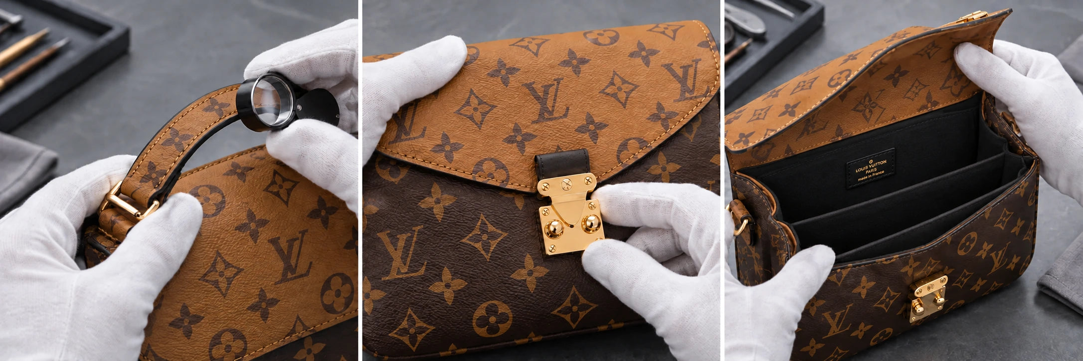 Illustrative inspection of stitching, clasp and lining