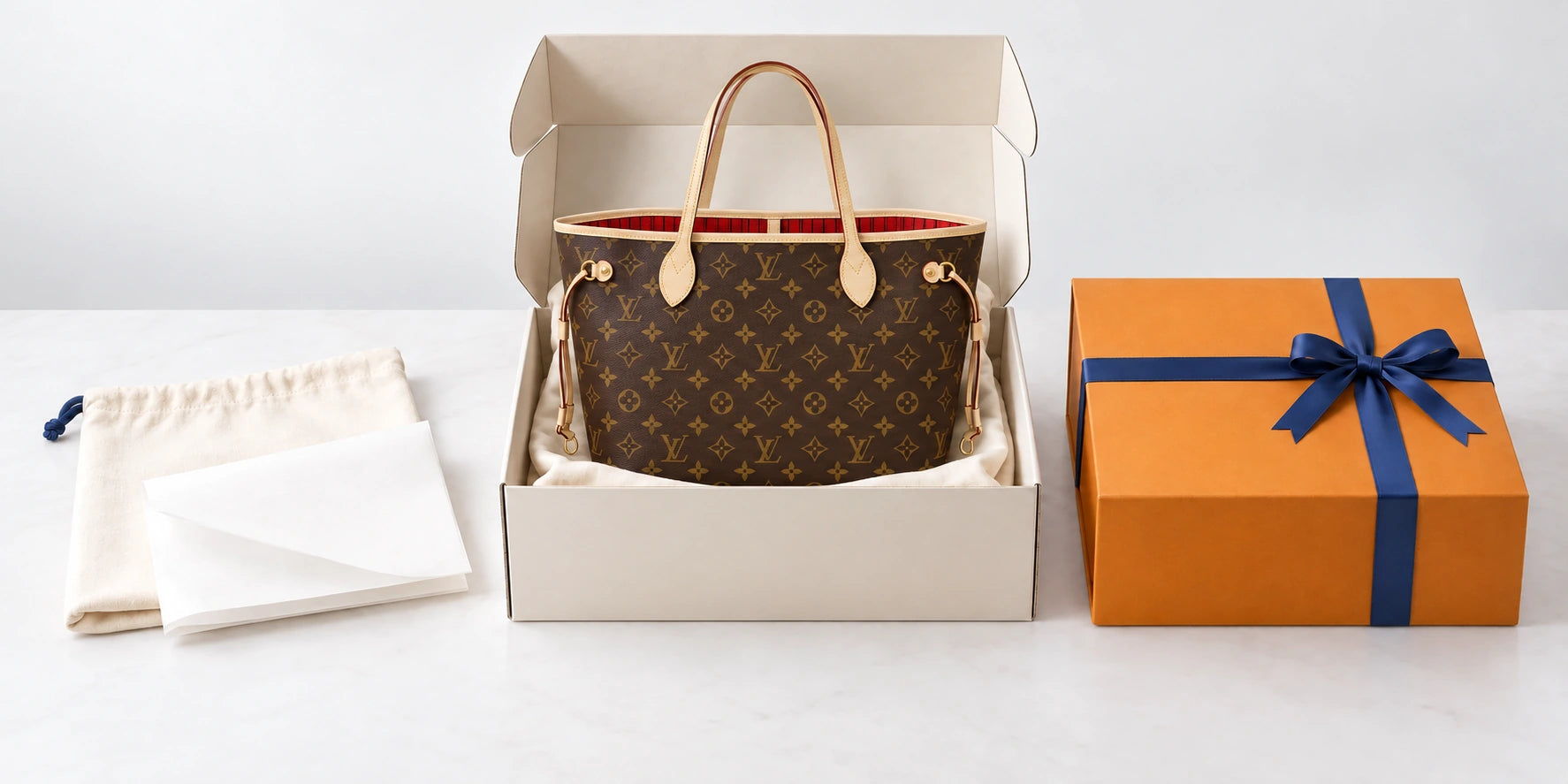 Illustrative packaging showing protective materials, a shipping carton, and an optional gift box